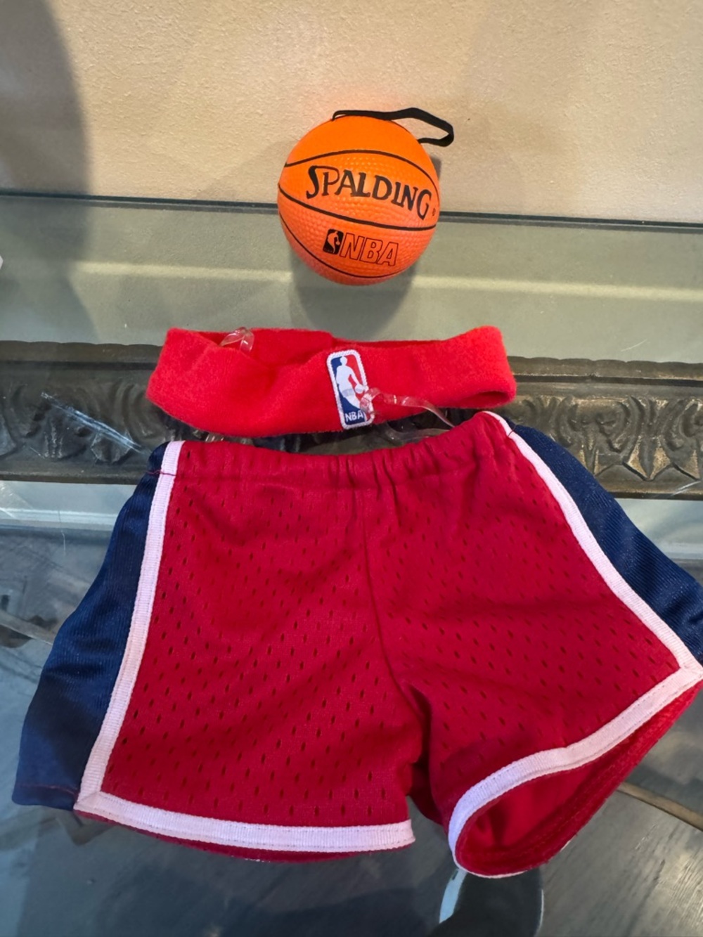 NBA Red Kids Mesh Shorts with Navy Panels and White Trim headband‎ and Ball